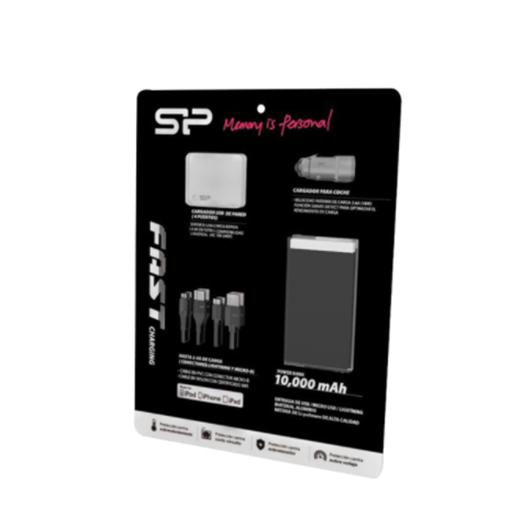 Kit Power Bank Cargador Auto + Casa + Cable Ip + Cable Gris