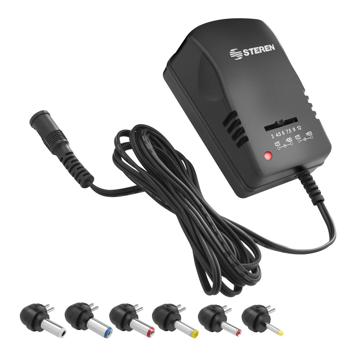 Eliminador regulado de 3 a 12 Vcc, 1,2 A con puntas intercambiables, negro