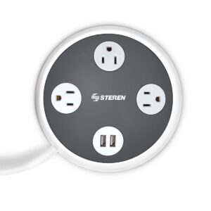 Multicontacto de 3 salidas verticales y doble cargador USB, redondo para empotrar