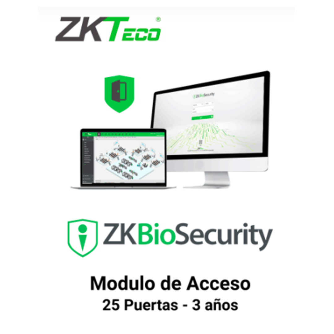 ZKTECO ZKBSAC253Y - Licencia Biosecurity para 25 Puertas en Control de Acceso / Hasta 30 000 Usuarios / 500 Departamentos / 500 Áreas / Vigencia 3 años Marca: ZKTECO Modelo: ZKBS-AC-P25 3 YEARS
